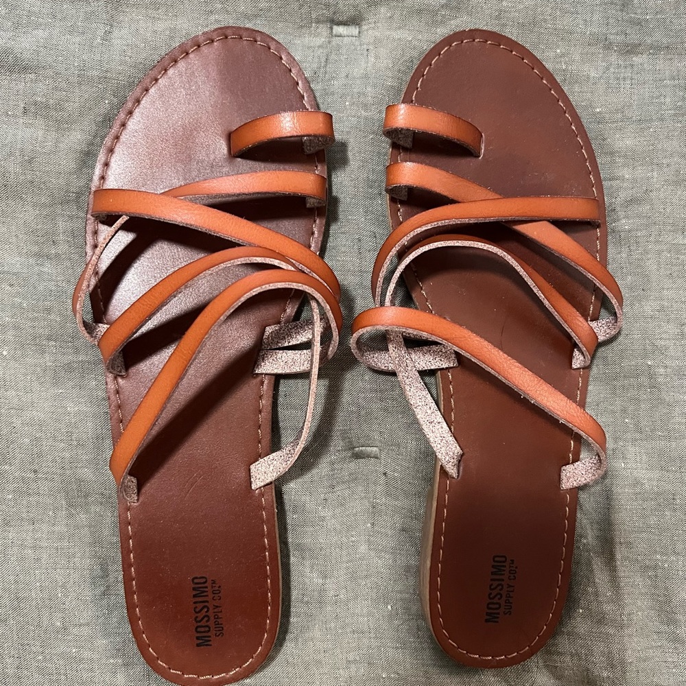 Faux Leather Brown Tan Sandals Flats Size 11
